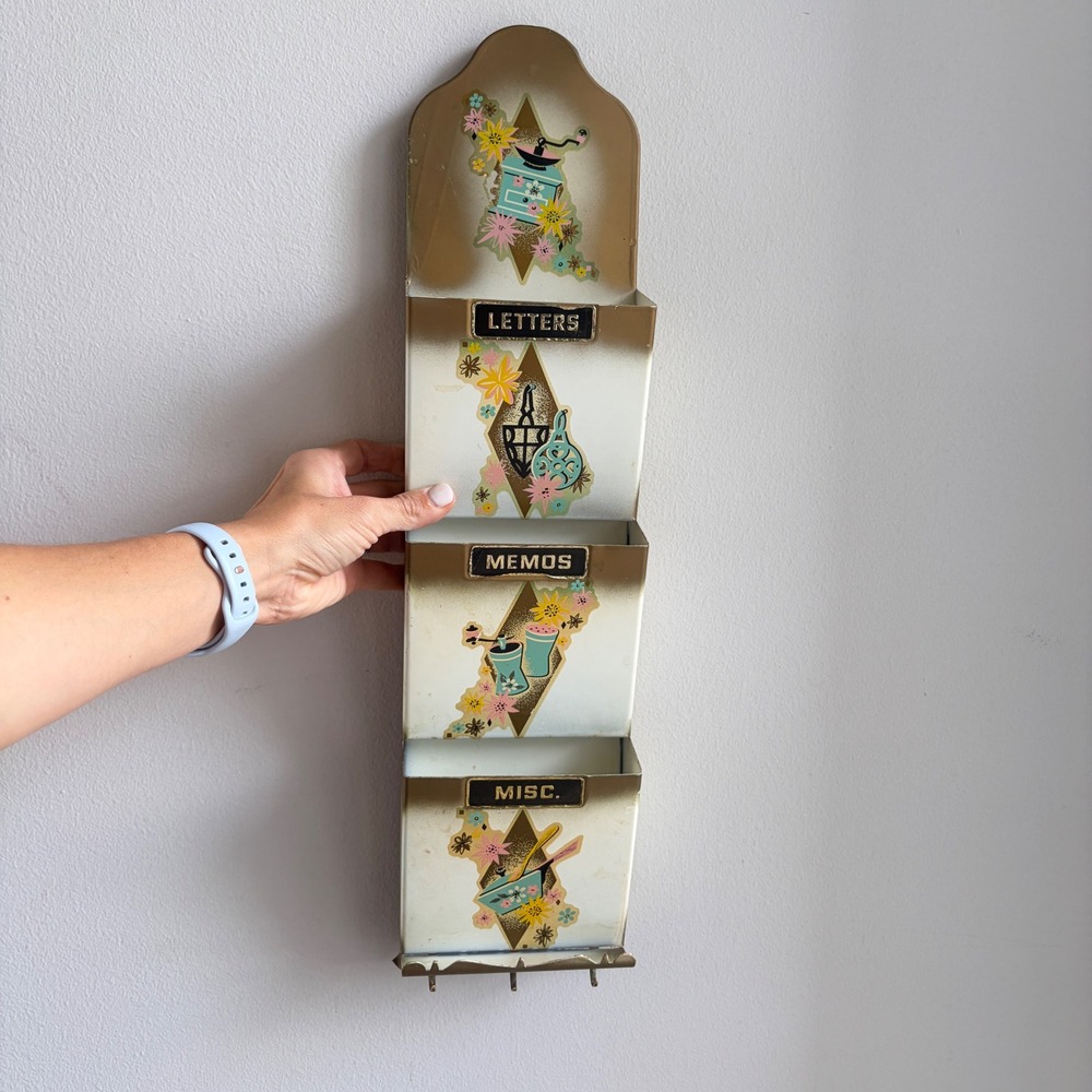 Vintage MCM Metal Wall Mail Organizer Key Rack Letters Memos Misc Floral Gold